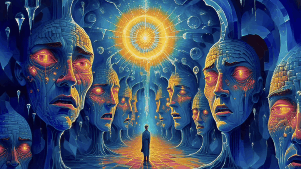 A floating mystical temple glowing with light, accompanied by an ambient soundscape with trippy visuals.